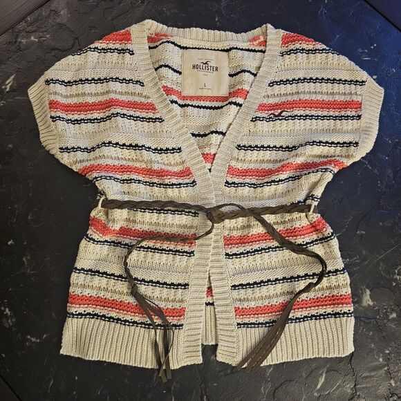 Hollister Striped Short Sleeve Cardigan Braid Belt Knit Sweater Womens L Y2K Vtg - Picture 1 of 6